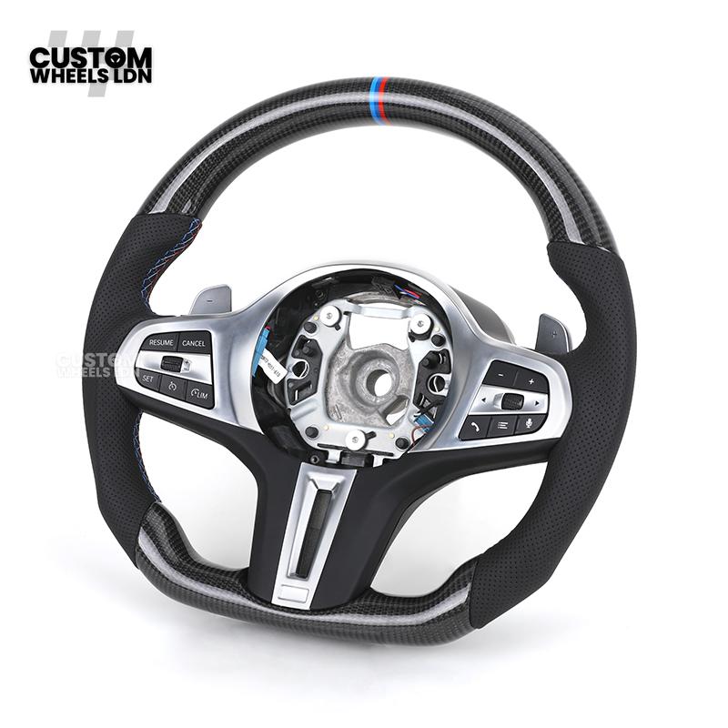 BMW Custom G Series Carbon Steering Wheel – Flat Bottom – Brushed Silver Trim – Fits G20 G21 G22 G23 G30 G31 G32 G14 G15 G16 G01 G02 + more