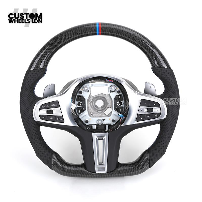 BMW Custom G Series Carbon Steering Wheel – Flat Bottom – Brushed Silver Trim – Fits G20 G21 G22 G23 G30 G31 G32 G14 G15 G16 G01 G02 + more