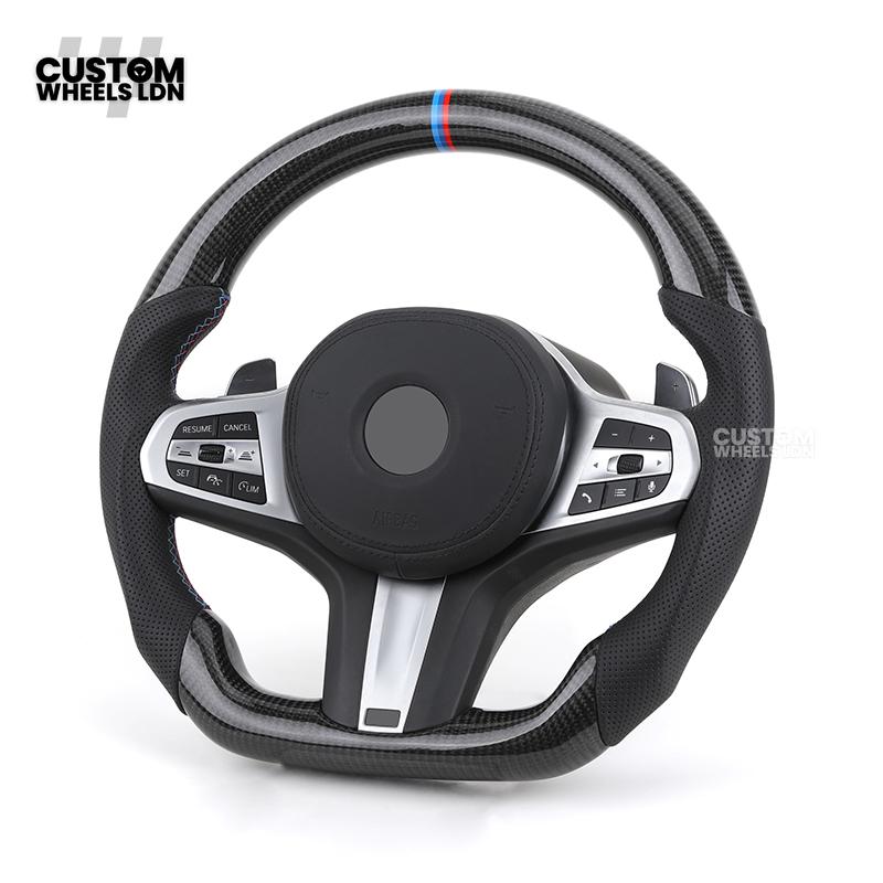 BMW Custom G Series Carbon Steering Wheel – Flat Bottom – Brushed Silver Trim – Fits G20 G21 G22 G23 G30 G31 G32 G14 G15 G16 G01 G02 + more