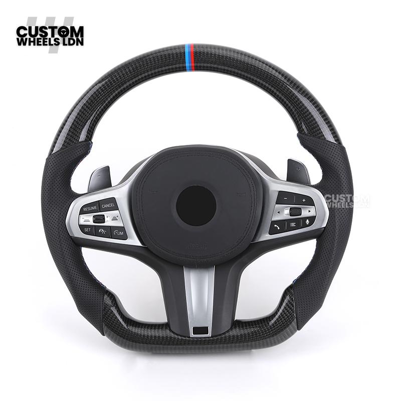 BMW Custom G Series Carbon Steering Wheel – Flat Bottom – Brushed Silver Trim – Fits G20 G21 G22 G23 G30 G31 G32 G14 G15 G16 G01 G02 + more