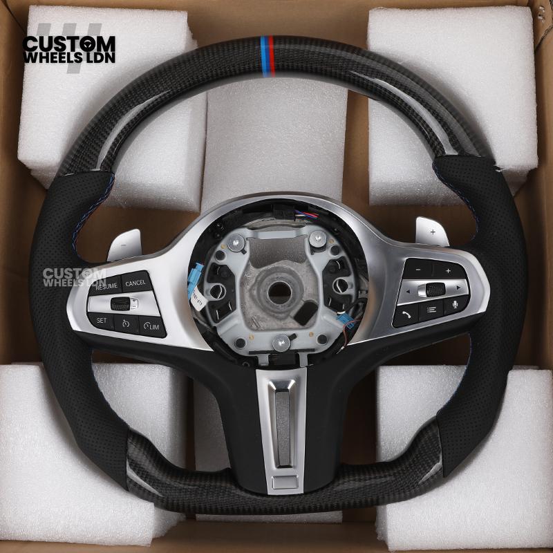 BMW Custom G Series Carbon Steering Wheel – Flat Bottom – Brushed Silver Trim – Fits G20 G21 G22 G23 G30 G31 G32 G14 G15 G16 G01 G02 + more