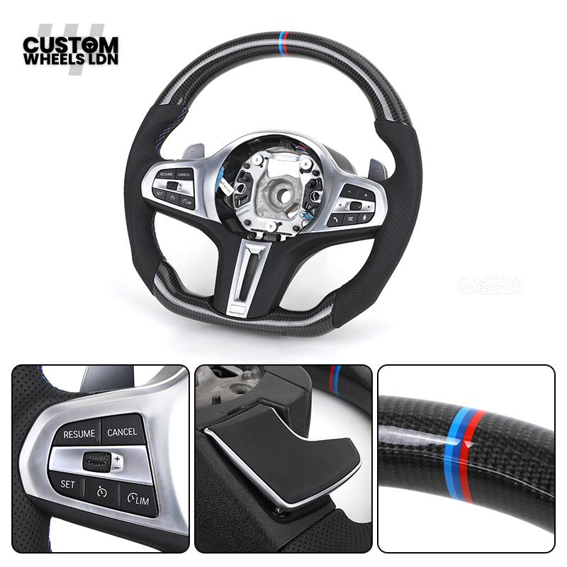 BMW Custom G Series Carbon Steering Wheel – Flat Bottom – Brushed Silver Trim – Fits G20 G21 G22 G23 G30 G31 G32 G14 G15 G16 G01 G02 + more