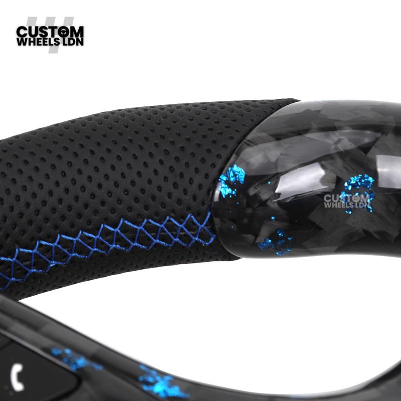 BMW Custom G-Series Steering Wheel – Blue Forged Carbon, LED Display, Flat Bottom, Blue Paddles – Fits G20 G21 G22 G30 G15 G05 G07 + more