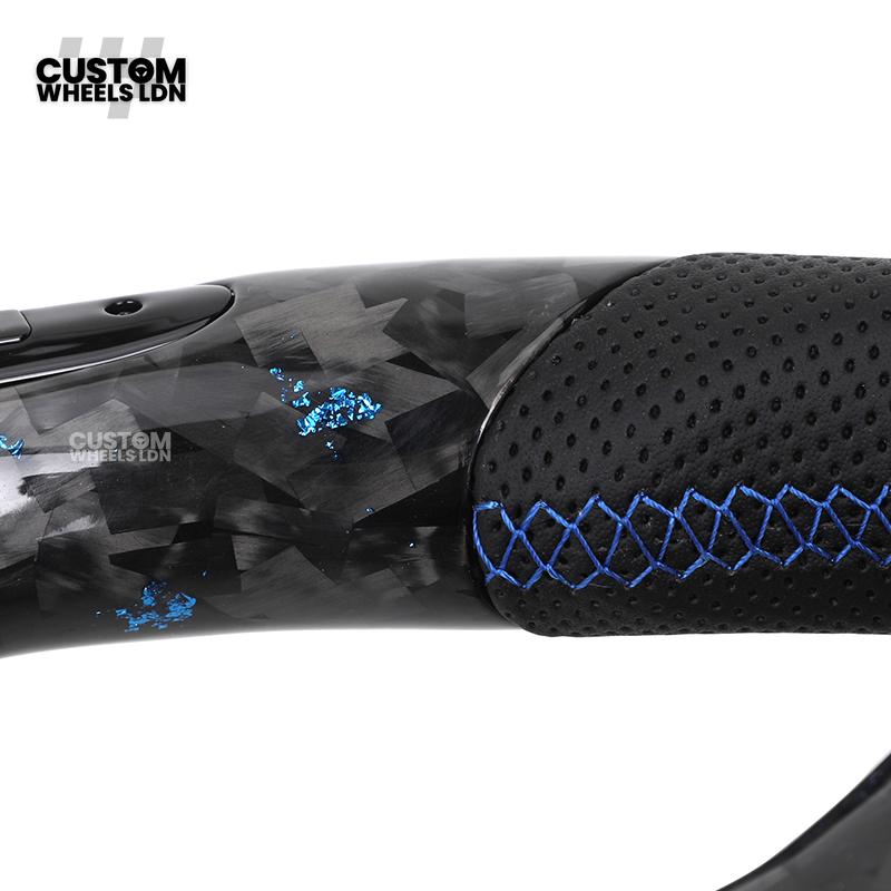 BMW Custom G-Series Steering Wheel – Blue Forged Carbon, LED Display, Flat Bottom, Blue Paddles – Fits G20 G21 G22 G30 G15 G05 G07 + more
