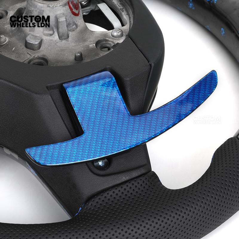 BMW Custom G-Series Steering Wheel – Blue Forged Carbon, LED Display, Flat Bottom, Blue Paddles – Fits G20 G21 G22 G30 G15 G05 G07 + more