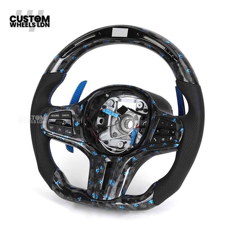BMW Custom G-Series Steering Wheel – Blue Forged Carbon, LED Display, Flat Bottom, Blue Paddles – Fits G20 G21 G22 G30 G15 G05 G07 + more