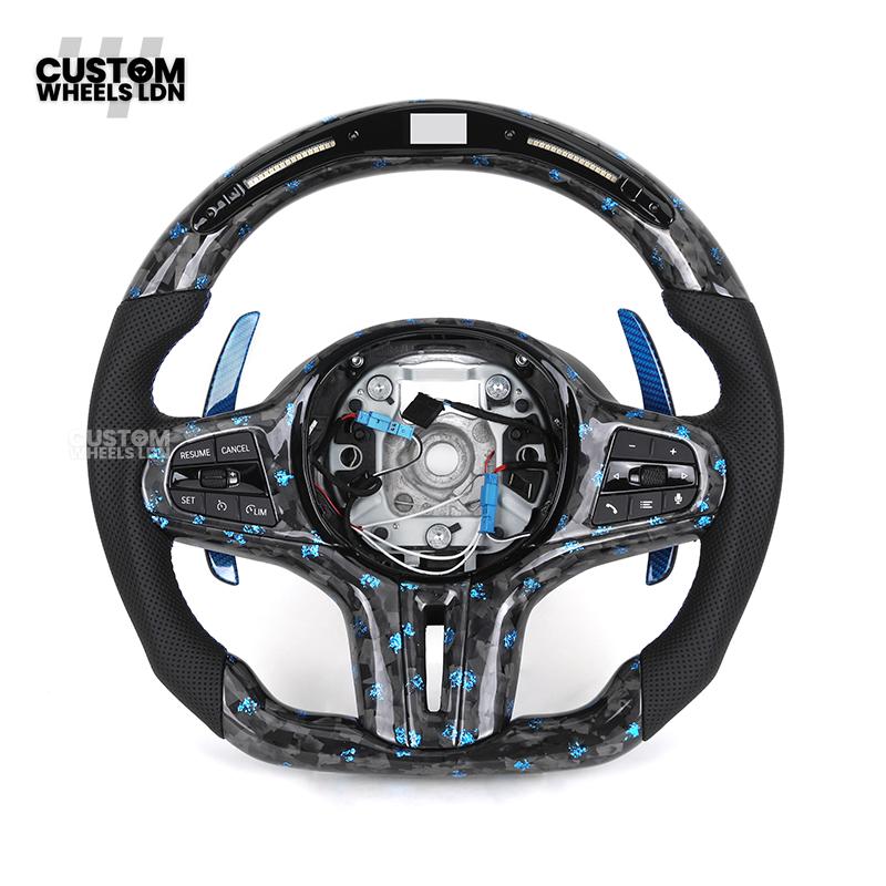 BMW Custom G-Series Steering Wheel – Blue Forged Carbon, LED Display, Flat Bottom, Blue Paddles – Fits G20 G21 G22 G30 G15 G05 G07 + more
