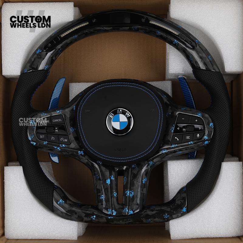 BMW Custom G-Series Steering Wheel – Blue Forged Carbon, LED Display, Flat Bottom, Blue Paddles – Fits G20 G21 G22 G30 G15 G05 G07 + more
