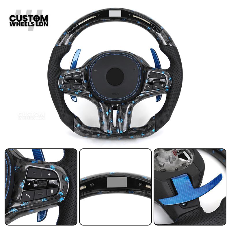 BMW Custom G-Series Steering Wheel – Blue Forged Carbon, LED Display, Flat Bottom, Blue Paddles – Fits G20 G21 G22 G30 G15 G05 G07 + more