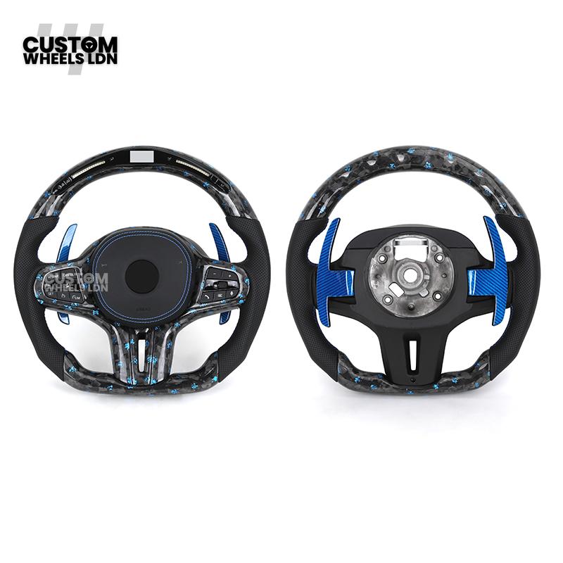 BMW Custom G-Series Steering Wheel – Blue Forged Carbon, LED Display, Flat Bottom, Blue Paddles – Fits G20 G21 G22 G30 G15 G05 G07 + more