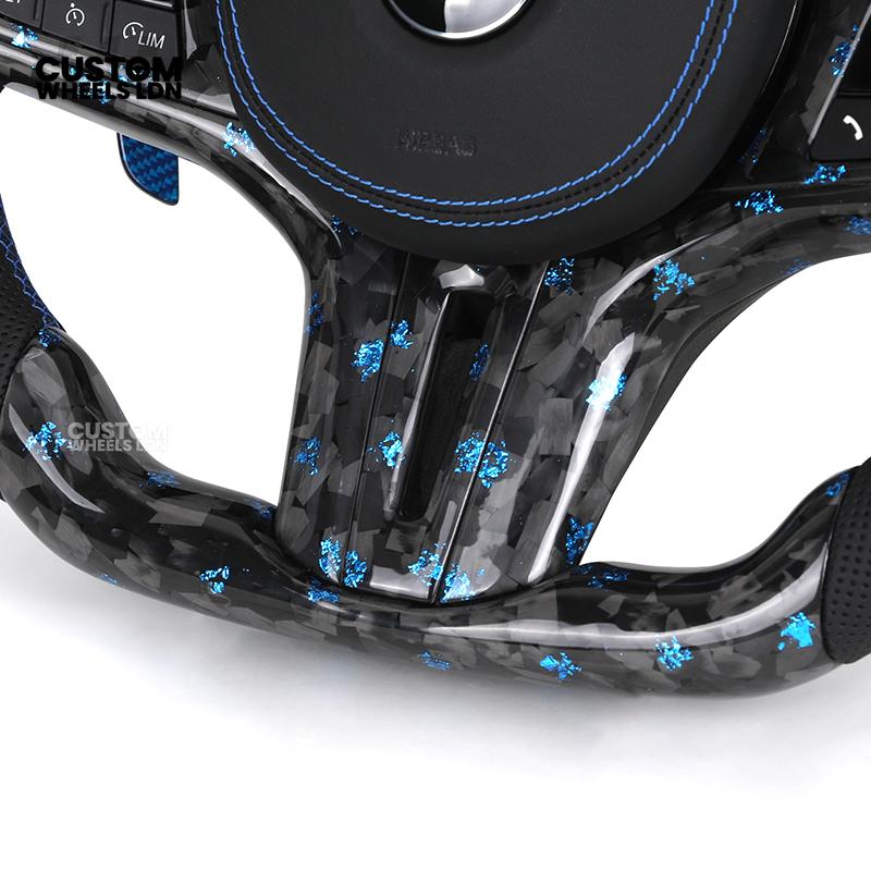 BMW Custom G-Series Steering Wheel – Blue Forged Carbon, LED Display, Flat Bottom, Blue Paddles – Fits G20 G21 G22 G30 G15 G05 G07 + more