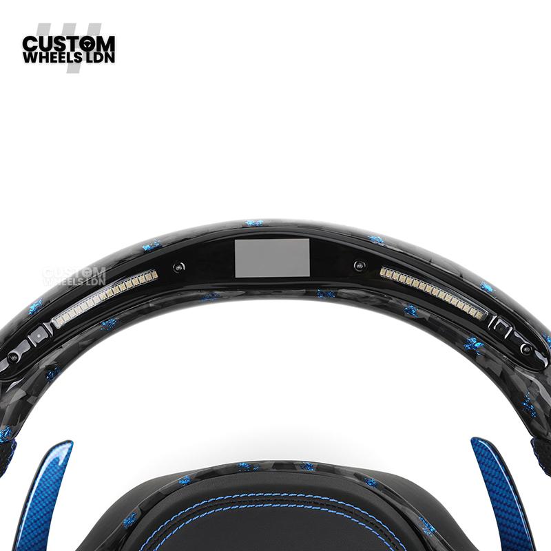 BMW Custom G-Series Steering Wheel – Blue Forged Carbon, LED Display, Flat Bottom, Blue Paddles – Fits G20 G21 G22 G30 G15 G05 G07 + more