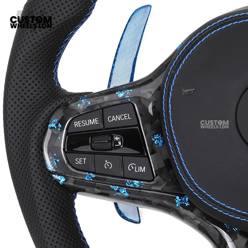 BMW Custom G-Series Steering Wheel – Blue Forged Carbon, LED Display, Flat Bottom, Blue Paddles – Fits G20 G21 G22 G30 G15 G05 G07 + more