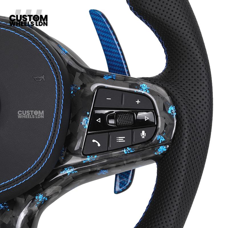 BMW Custom G-Series Steering Wheel – Blue Forged Carbon, LED Display, Flat Bottom, Blue Paddles – Fits G20 G21 G22 G30 G15 G05 G07 + more