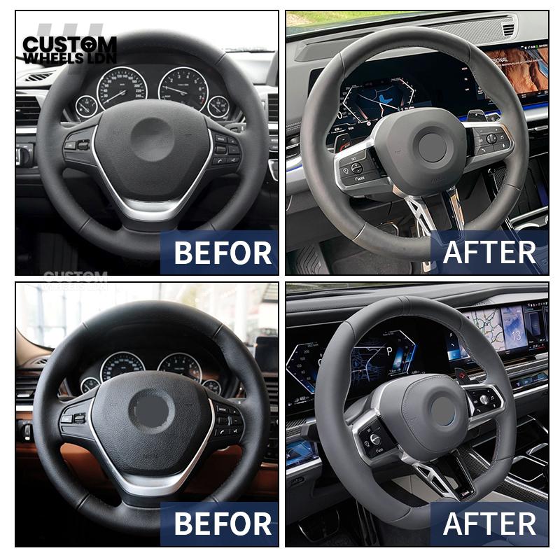 BMW i5 G60 2023 Steering Wheel – Smooth Black Leather, Silver Trim, Touch-Style Controls | Fits G60 5 Series, G70 7 Series, i5 + more | Plug & Play | Retrofit Upgrade for Older Models