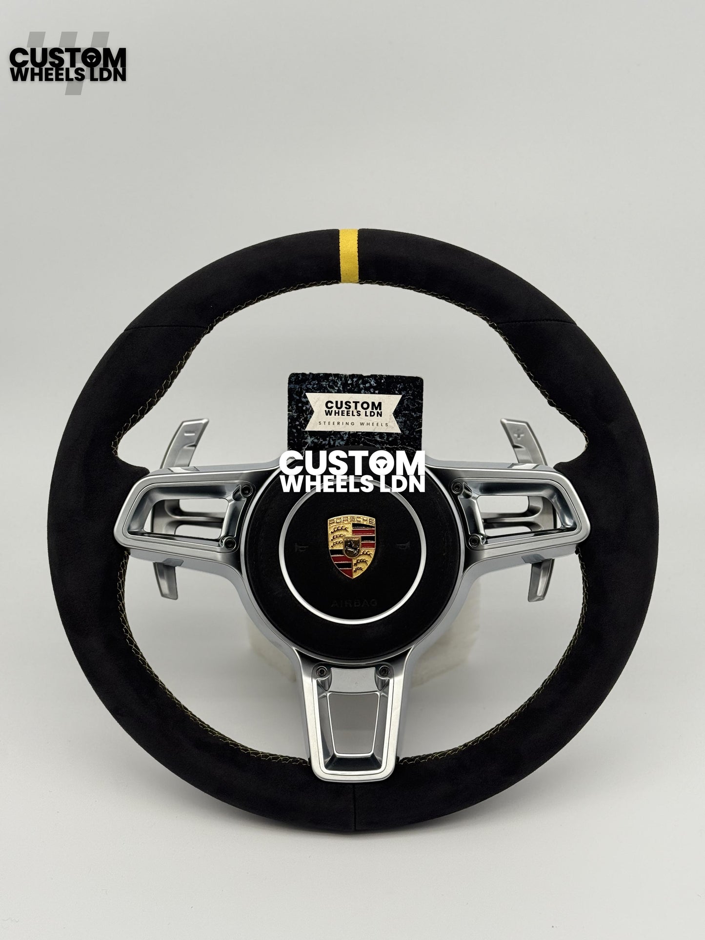Porsche Custom GT3 RS-Style Steering Wheel – Alcantara, Yellow Stripe & Stitching, Silver Extended Paddles | Fits 997.1, 997.2, 991.1, Boxster, Cayman, Cayenne, Panamera + more | Plug & Play | With Airbag | Upgrade for Older Models Available