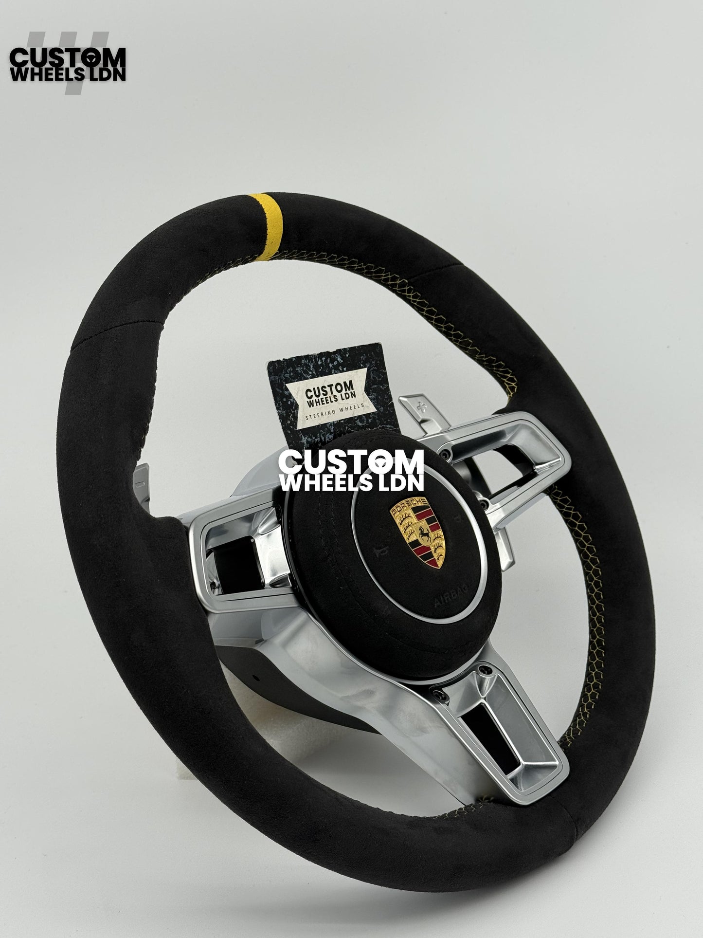 Porsche Custom GT3 RS-Style Steering Wheel – Alcantara, Yellow Stripe & Stitching, Silver Extended Paddles | Fits 997.1, 997.2, 991.1, Boxster, Cayman, Cayenne, Panamera + more | Plug & Play | With Airbag | Upgrade for Older Models Available
