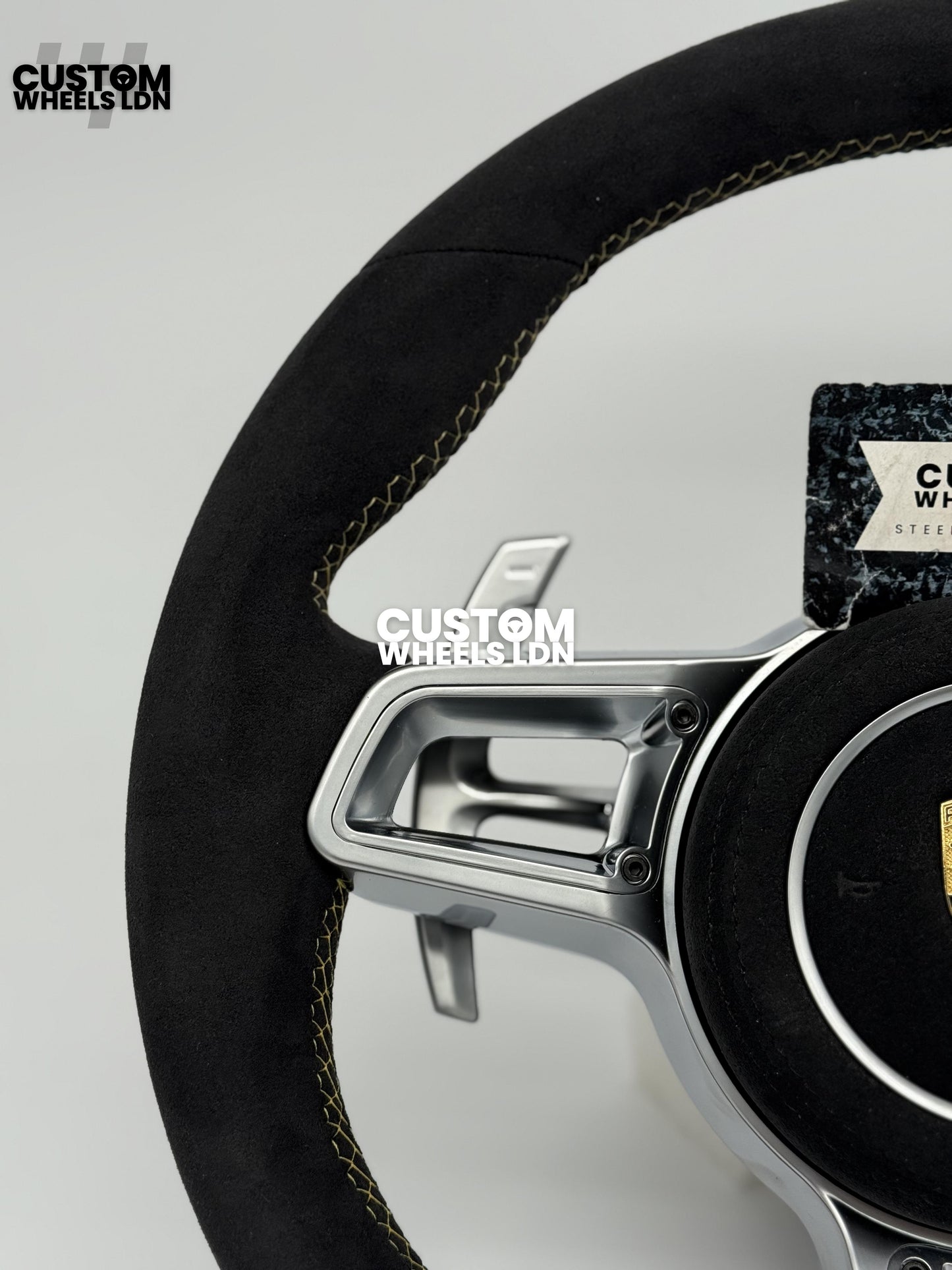 Porsche Custom GT3 RS-Style Steering Wheel – Alcantara, Yellow Stripe & Stitching, Silver Extended Paddles | Fits 997.1, 997.2, 991.1, Boxster, Cayman, Cayenne, Panamera + more | Plug & Play | With Airbag | Upgrade for Older Models Available