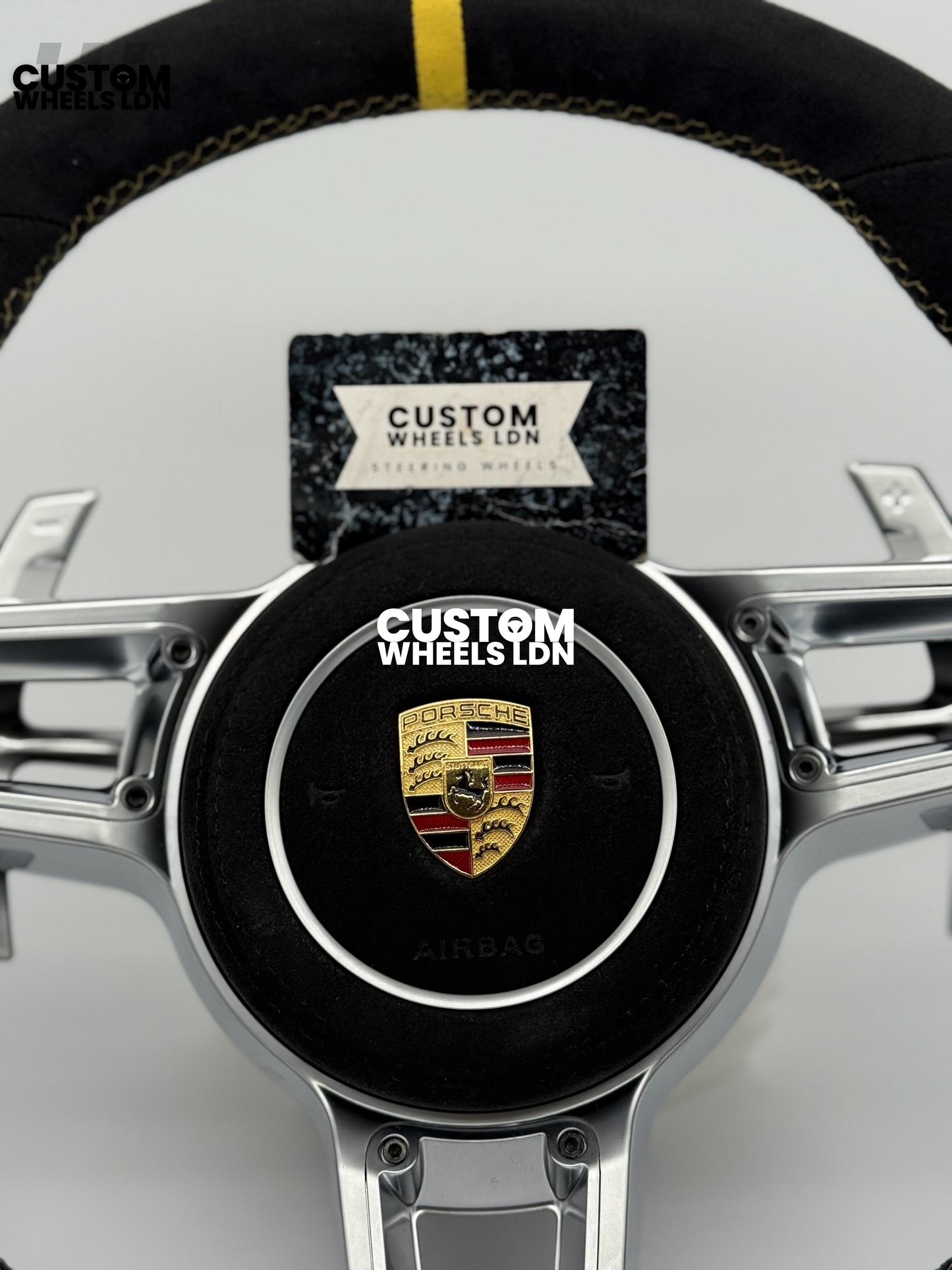 Porsche Custom GT3 RS-Style Steering Wheel – Alcantara, Yellow Stripe & Stitching, Silver Extended Paddles | Fits 997.1, 997.2, 991.1, Boxster, Cayman, Cayenne, Panamera + more | Plug & Play | With Airbag | Upgrade for Older Models Available