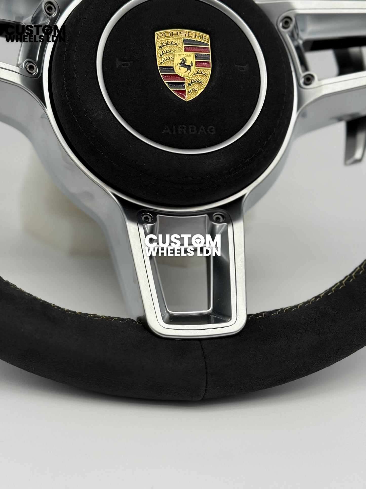 Porsche Custom GT3 RS-Style Steering Wheel – Alcantara, Yellow Stripe & Stitching, Silver Extended Paddles | Fits 997.1, 997.2, 991.1, Boxster, Cayman, Cayenne, Panamera + more | Plug & Play | With Airbag | Upgrade for Older Models Available