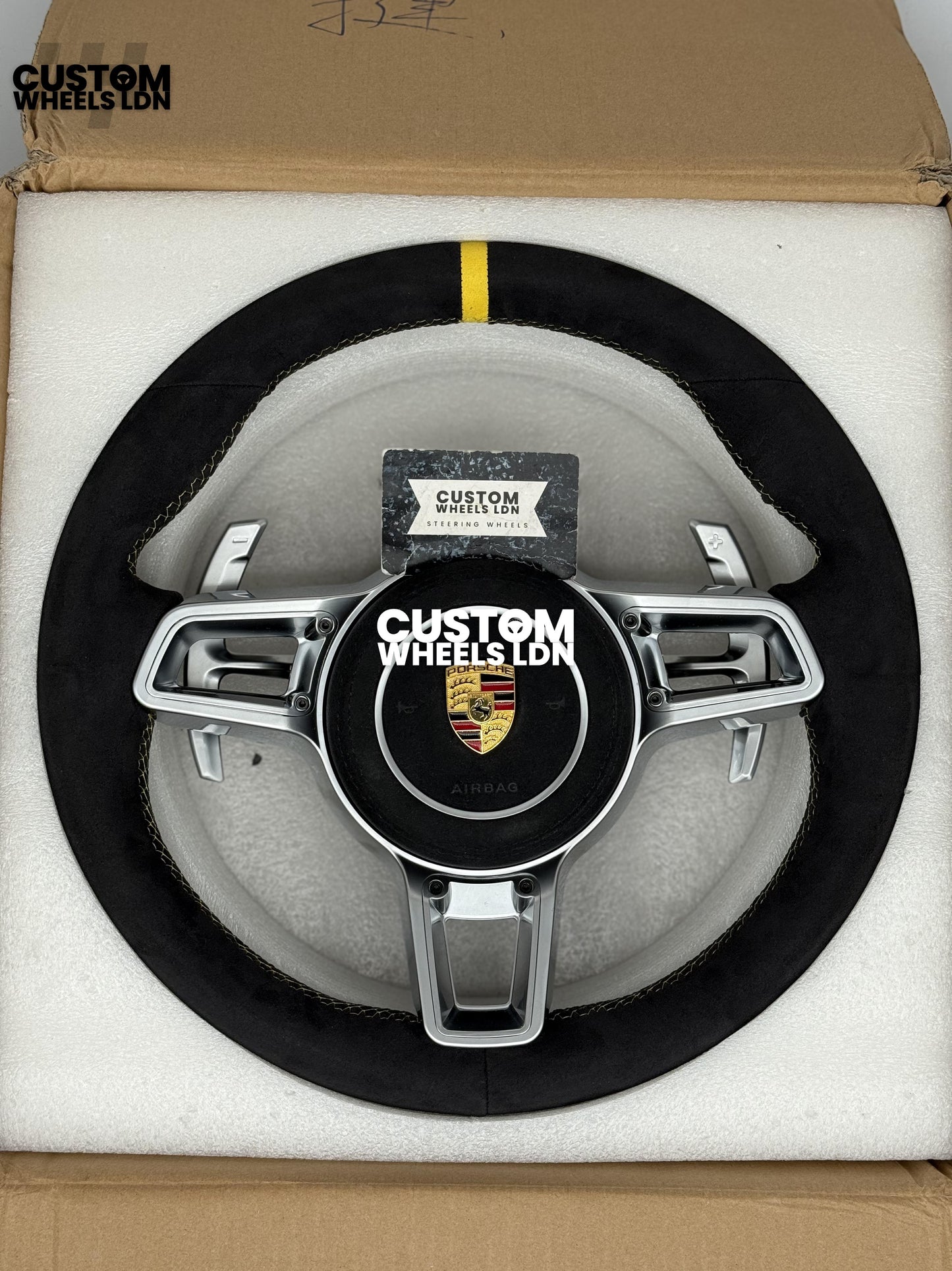 Porsche Custom GT3 RS-Style Steering Wheel – Alcantara, Yellow Stripe & Stitching, Silver Extended Paddles | Fits 997.1, 997.2, 991.1, Boxster, Cayman, Cayenne, Panamera + more | Plug & Play | With Airbag | Upgrade for Older Models Available