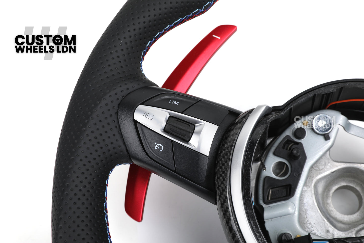 BMW Custom Carbon Fibre Steering Wheel – Red Paddles | Perforated Leather | M-Stripe Marker | Plug & Play | Fits 1 Series F20, 2 Series F22, 3 Series F30, 4 Series F32, M2, M3, M4, X1 F48, X2 F39, Z4 G29 + more