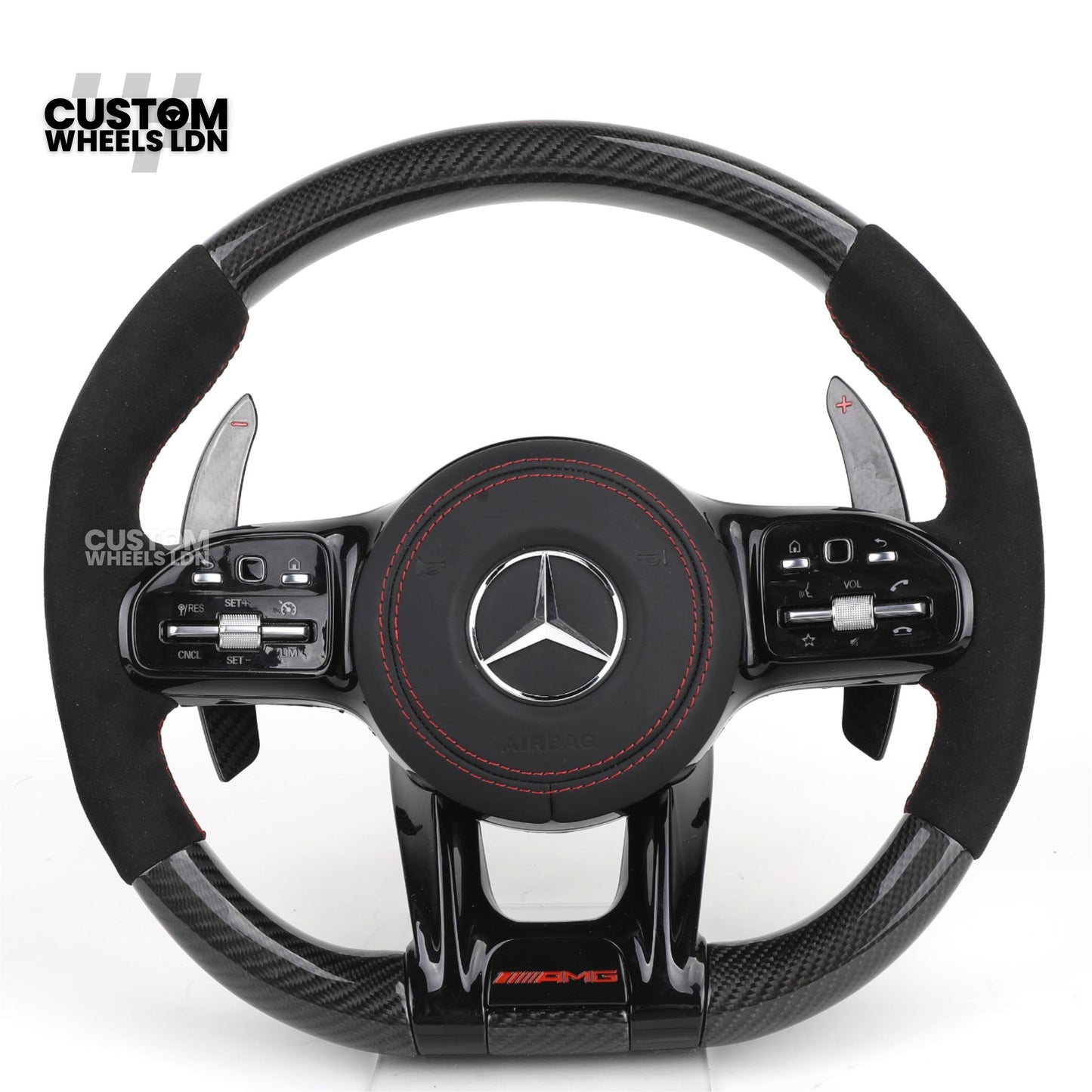 rcedes Custom AMG Steering Wheel Carbon Fibre & Alcantara | Red Stitching | Flat Bottom | Paddle Shifters | Complete Retrofit | Fits GLC, GLE, C-Class, E-Class, W205, W213 + more
