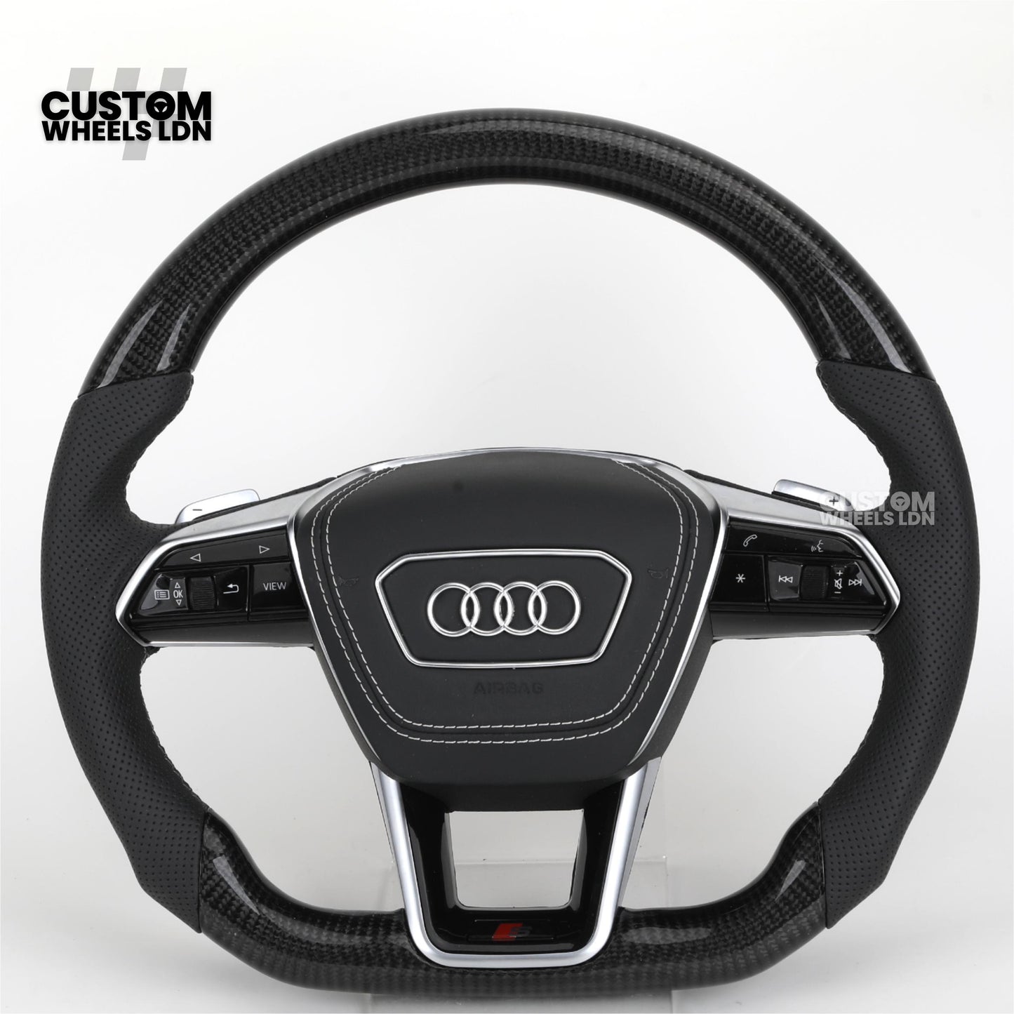 Audi Custom Q/RS Flat Bottom Steering Wheel – Carbon Top & Bottom, Perforated Leather, White Stitching, Silver Paddles | Fits Q3, Q5, SQ5, Q7, Q8, SQ8, RSQ8, A6, A7, S6, S7 + more | Plug & Play | With Airbag | Upgrade for Older Models Available