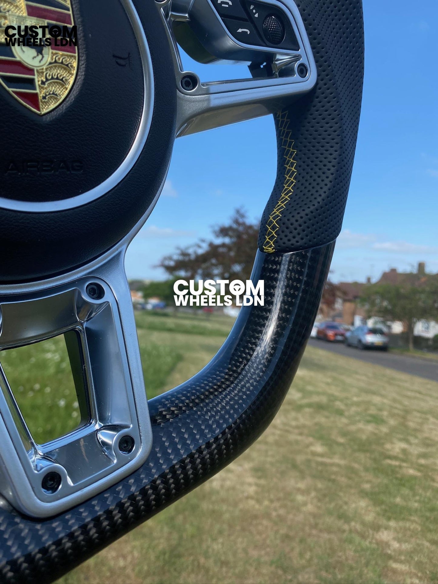 Porsche Custom Flat Bottom Steering Wheel – Gloss Carbon Fibre, Perforated Leather, Yellow Stitching & Stripe | Fits 991, 997, 981, 718, Boxster, Cayman, Macan, Panamera + more | Plug & Play | With Airbag | Upgrade for Older Models Available