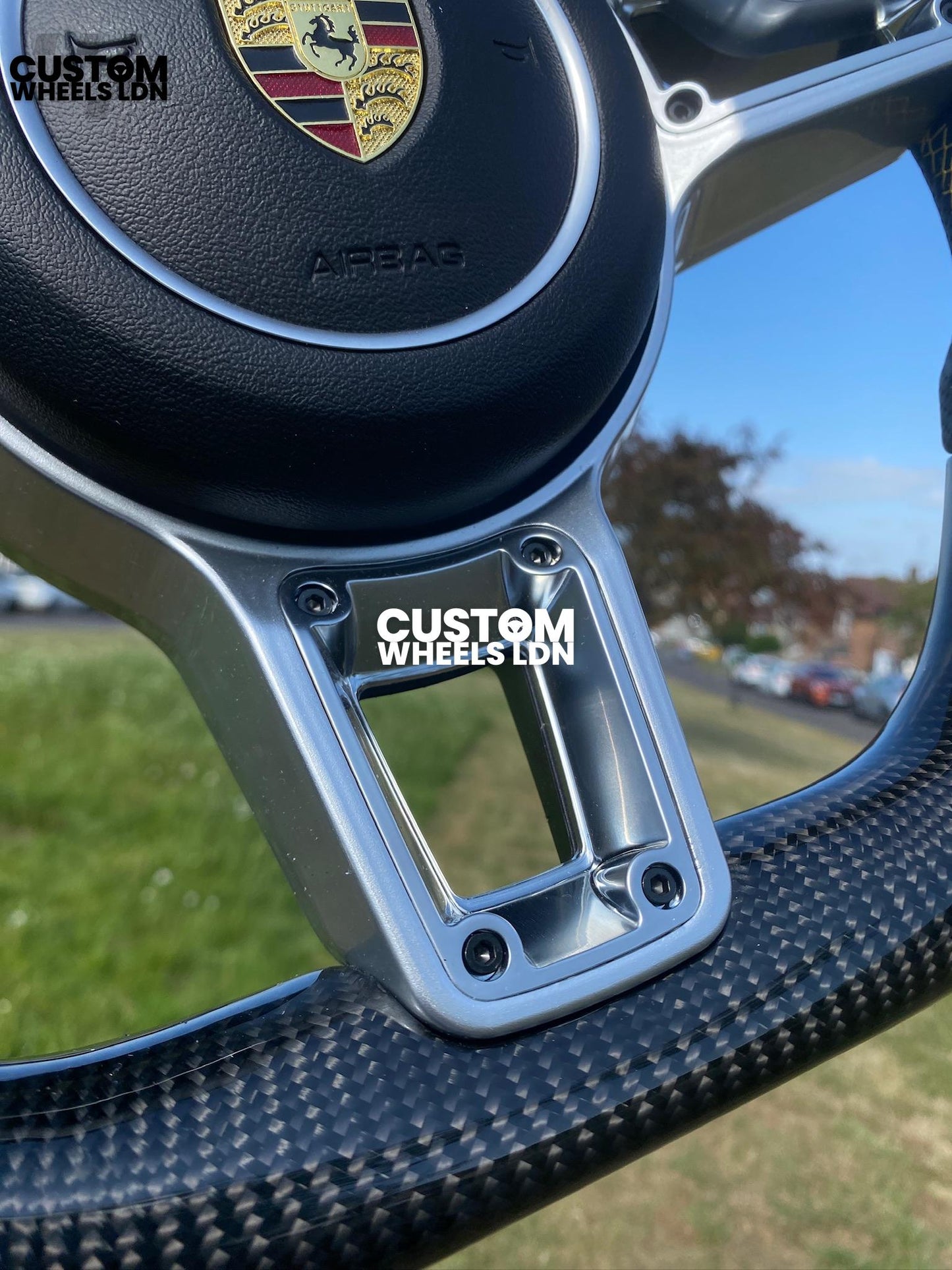 Porsche Custom Flat Bottom Steering Wheel – Gloss Carbon Fibre, Perforated Leather, Yellow Stitching & Stripe | Fits 991, 997, 981, 718, Boxster, Cayman, Macan, Panamera + more | Plug & Play | With Airbag | Upgrade for Older Models Available