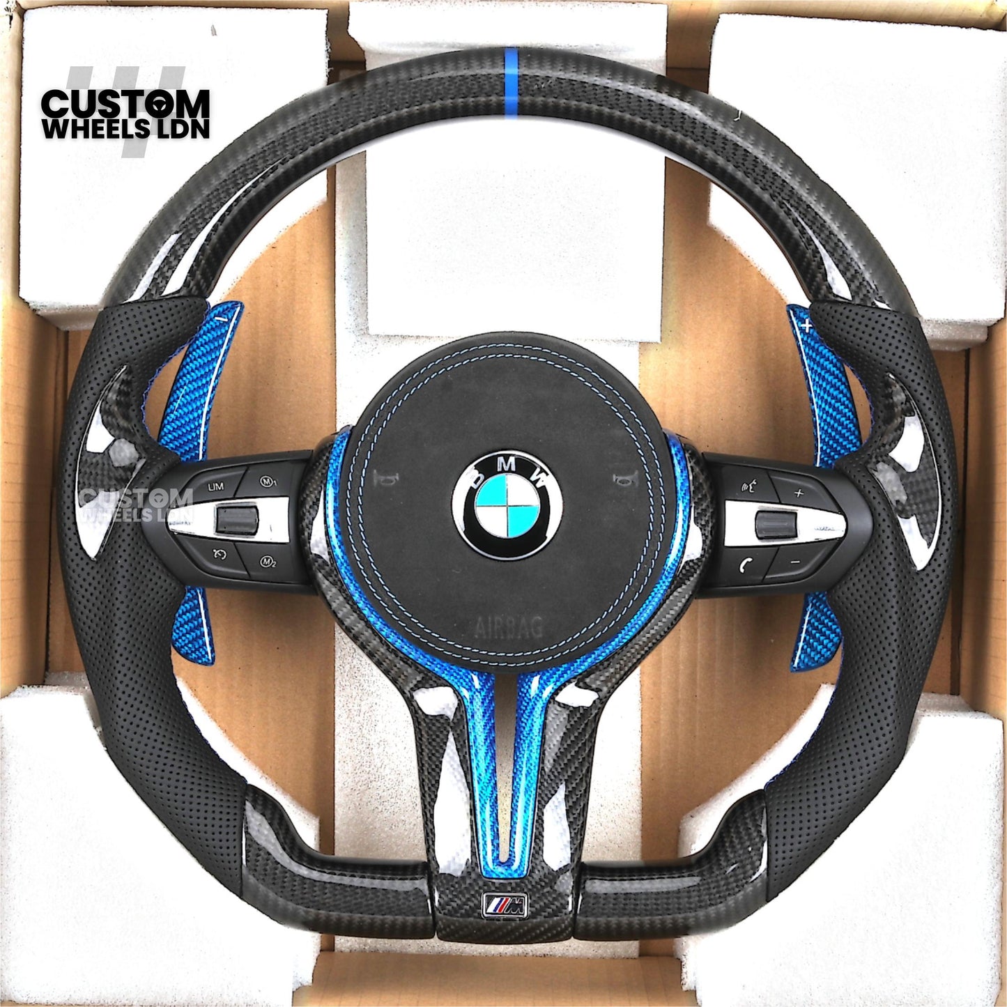 BMW Custom Carbon Fibre Steering Wheel – Blue Trim & Paddles | M Performance | Perforated Leather | Plug & Play | Fits F20, F22, F30, F32, F36, M2, M3, M4, X1, X2 + more