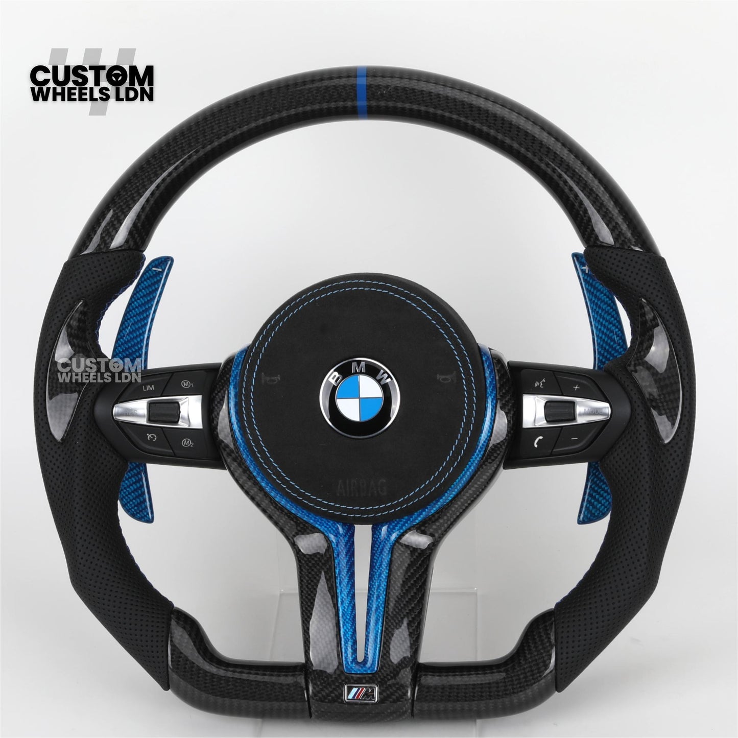 BMW Custom Carbon Fibre Steering Wheel – Blue Trim & Paddles | M Performance | Perforated Leather | Plug & Play | Fits F20, F22, F30, F32, F36, M2, M3, M4, X1, X2 + more