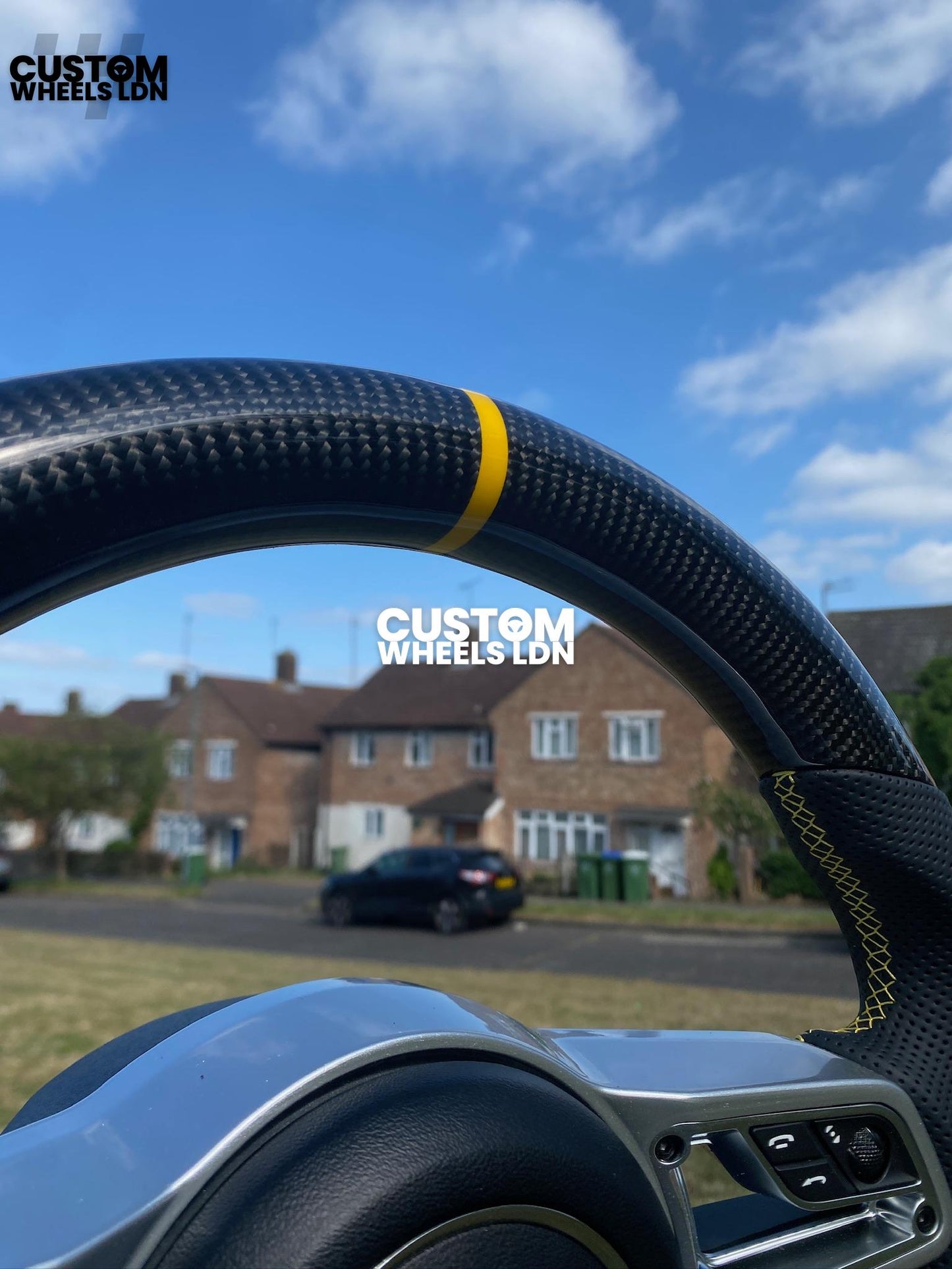 Porsche Custom Flat Bottom Steering Wheel – Gloss Carbon Fibre, Perforated Leather, Yellow Stitching & Stripe | Fits 991, 997, 981, 718, Boxster, Cayman, Macan, Panamera + more | Plug & Play | With Airbag | Upgrade for Older Models Available