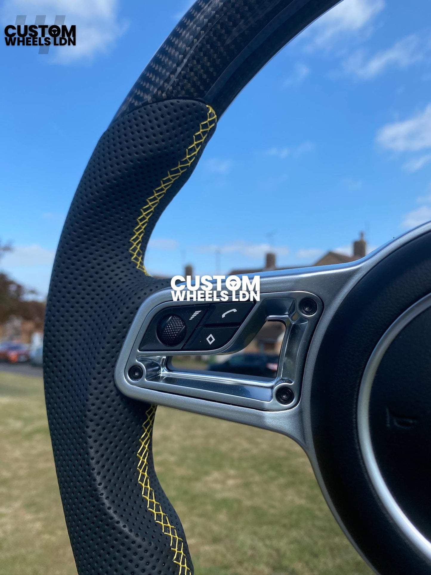 Porsche Custom Flat Bottom Steering Wheel – Gloss Carbon Fibre, Perforated Leather, Yellow Stitching & Stripe | Fits 991, 997, 981, 718, Boxster, Cayman, Macan, Panamera + more | Plug & Play | With Airbag | Upgrade for Older Models Available