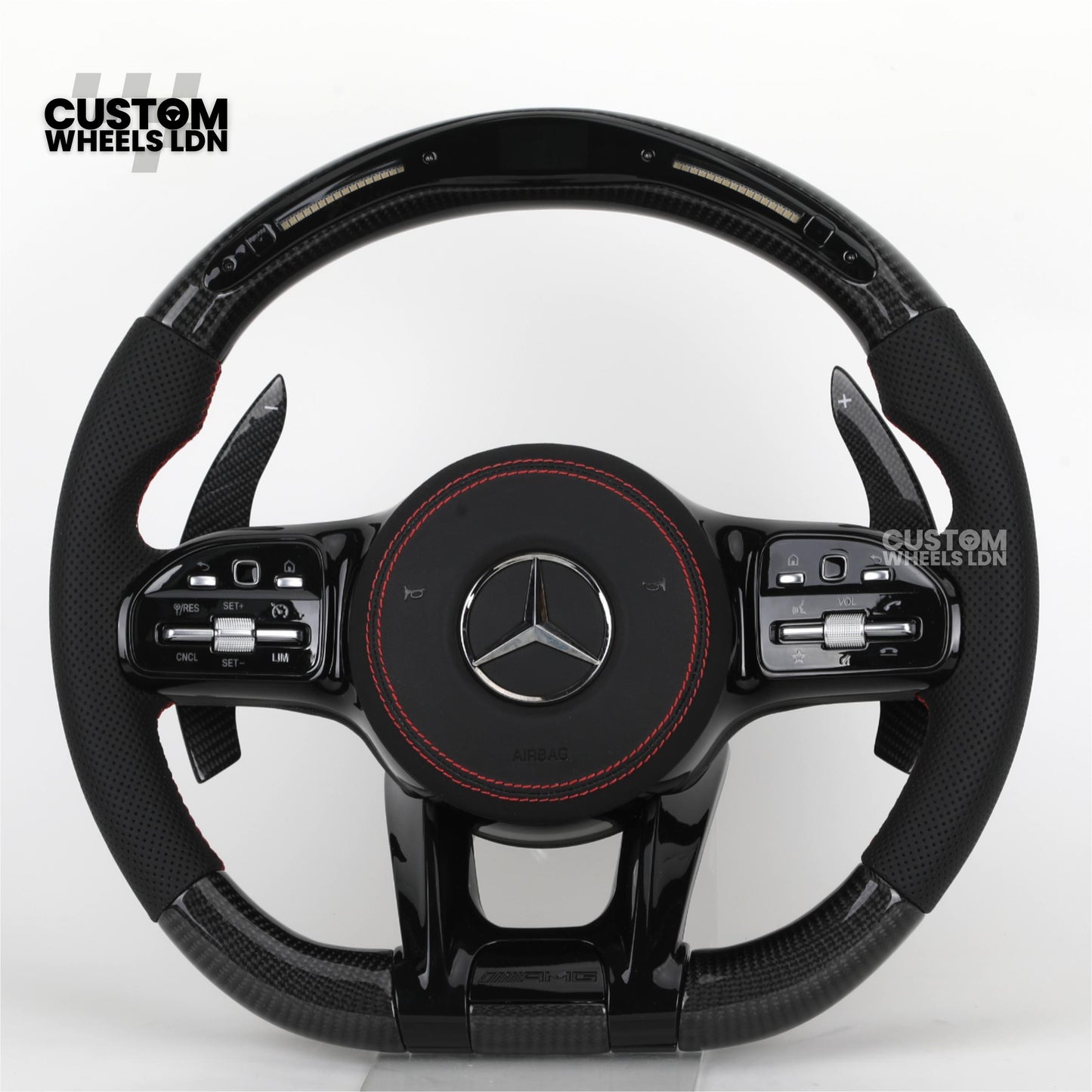 Mercedes Custom AMG Flat Bottom Steering Wheel – Perforated Leather & Gloss Carbon Fibre, LED Display, Red Stitching, Piano Black Trim, Carbon Paddles, Touch Control Buttons | Fits C-Class, E-Class, GLC, GLE, CLS, G-Class + more | Plug & Play | Retrofit U