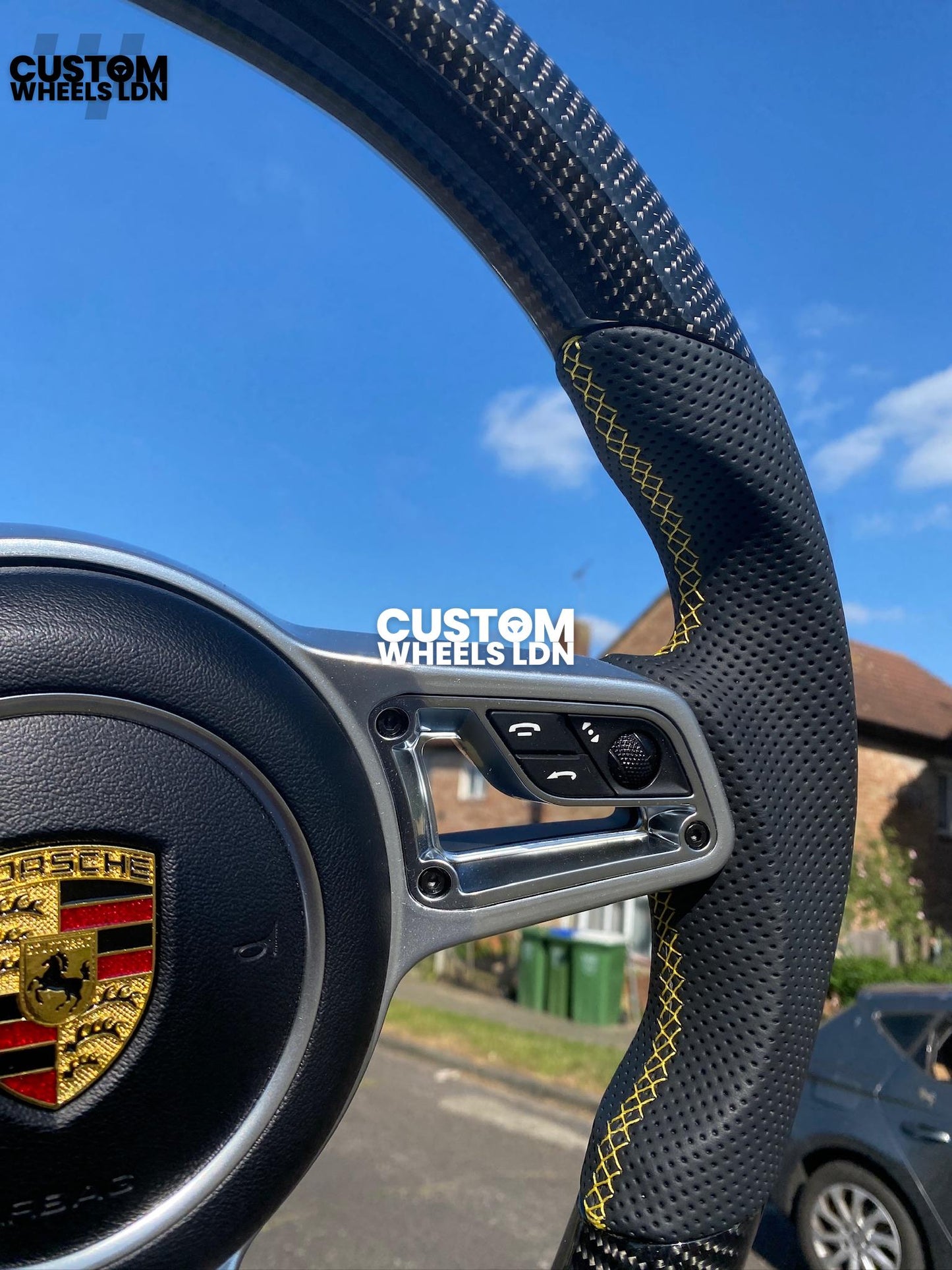 Porsche Custom Flat Bottom Steering Wheel – Gloss Carbon Fibre, Perforated Leather, Yellow Stitching & Stripe | Fits 991, 997, 981, 718, Boxster, Cayman, Macan, Panamera + more | Plug & Play | With Airbag | Upgrade for Older Models Available