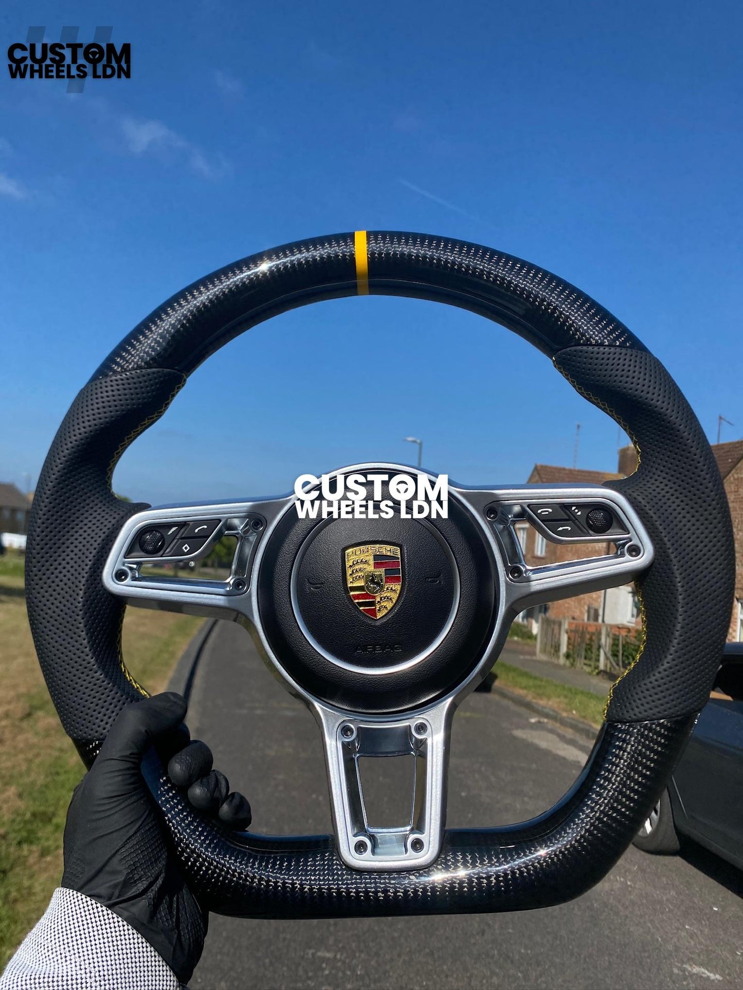 Porsche Custom Flat Bottom Steering Wheel – Gloss Carbon Fibre, Perforated Leather, Yellow Stitching & Stripe | Fits 991, 997, 981, 718, Boxster, Cayman, Macan, Panamera + more | Plug & Play | With Airbag | Upgrade for Older Models Available