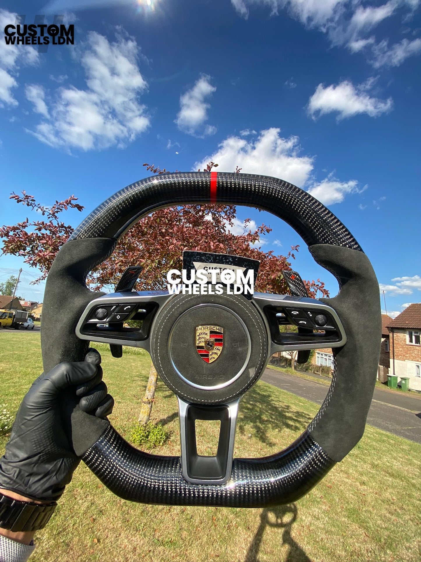 Porsche Custom Flat Top & Bottom Steering Wheel – Gloss Carbon Fibre, Alcantara Grips, Grey Stitching, Carbon Paddles, OEM Buttons | Fits 997.1, 991.1, 987, Panamera, Cayenne + more | Plug & Play | With Airbag | Upgrade for Older Models Available