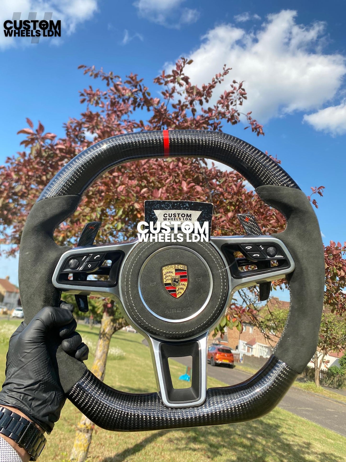 Porsche Custom Flat Top & Bottom Steering Wheel – Gloss Carbon Fibre, Alcantara Grips, Grey Stitching, Carbon Paddles, OEM Buttons | Fits 997.1, 991.1, 987, Panamera, Cayenne + more | Plug & Play | With Airbag | Upgrade for Older Models Available