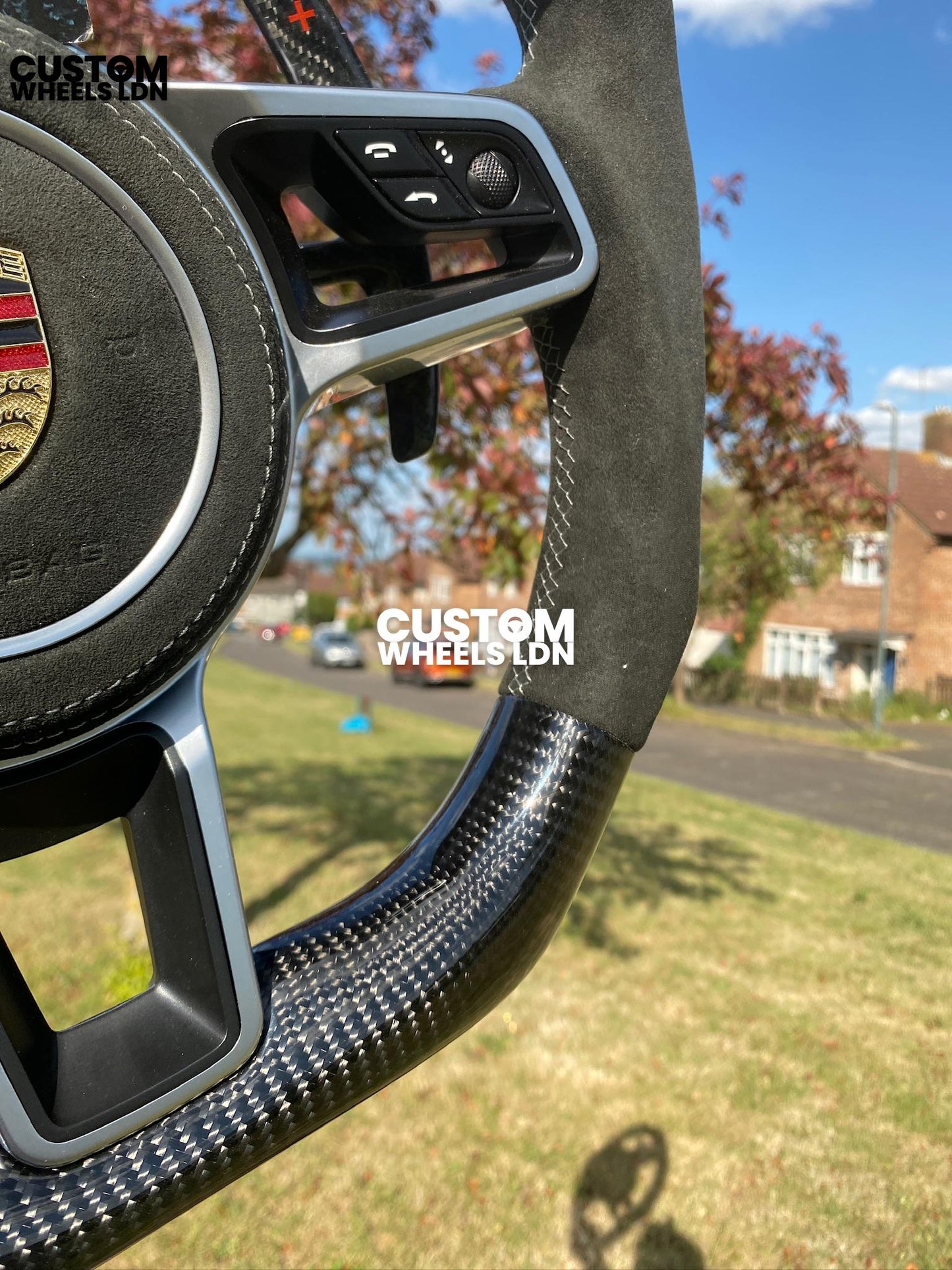 Porsche Custom Flat Top & Bottom Steering Wheel – Gloss Carbon Fibre, Alcantara Grips, Grey Stitching, Carbon Paddles, OEM Buttons | Fits 997.1, 991.1, 987, Panamera, Cayenne + more | Plug & Play | With Airbag | Upgrade for Older Models Available