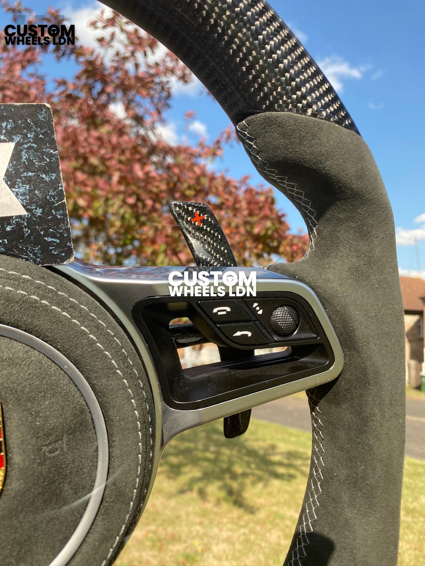 Porsche Custom Flat Top & Bottom Steering Wheel – Gloss Carbon Fibre, Alcantara Grips, Grey Stitching, Carbon Paddles, OEM Buttons | Fits 997.1, 991.1, 987, Panamera, Cayenne + more | Plug & Play | With Airbag | Upgrade for Older Models Available