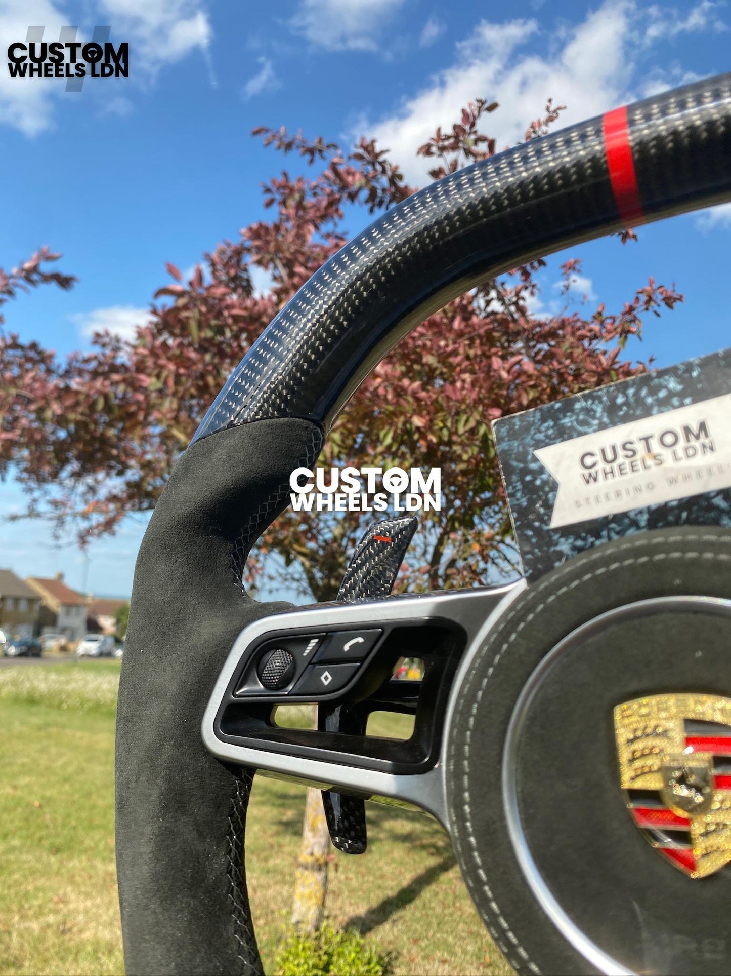 Porsche Custom Flat Top & Bottom Steering Wheel – Gloss Carbon Fibre, Alcantara Grips, Grey Stitching, Carbon Paddles, OEM Buttons | Fits 997.1, 991.1, 987, Panamera, Cayenne + more | Plug & Play | With Airbag | Upgrade for Older Models Available