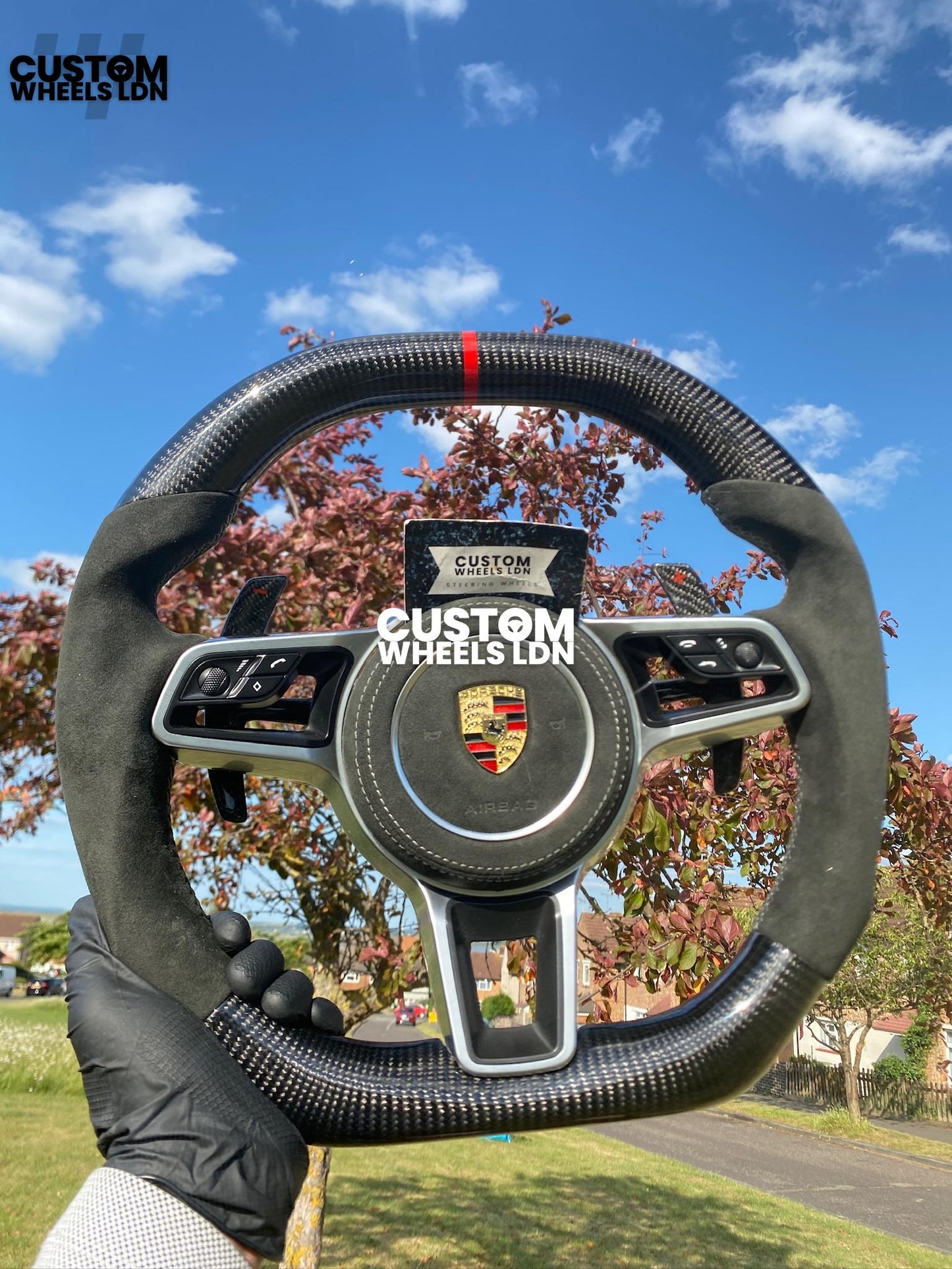Porsche Custom Flat Top & Bottom Steering Wheel – Gloss Carbon Fibre, Alcantara Grips, Grey Stitching, Carbon Paddles, OEM Buttons | Fits 997.1, 991.1, 987, Panamera, Cayenne + more | Plug & Play | With Airbag | Upgrade for Older Models Available