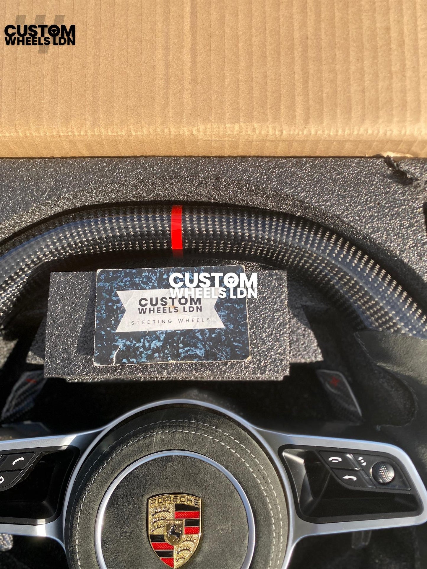 Porsche Custom Flat Top & Bottom Steering Wheel – Gloss Carbon Fibre, Alcantara Grips, Grey Stitching, Carbon Paddles, OEM Buttons | Fits 997.1, 991.1, 987, Panamera, Cayenne + more | Plug & Play | With Airbag | Upgrade for Older Models Available