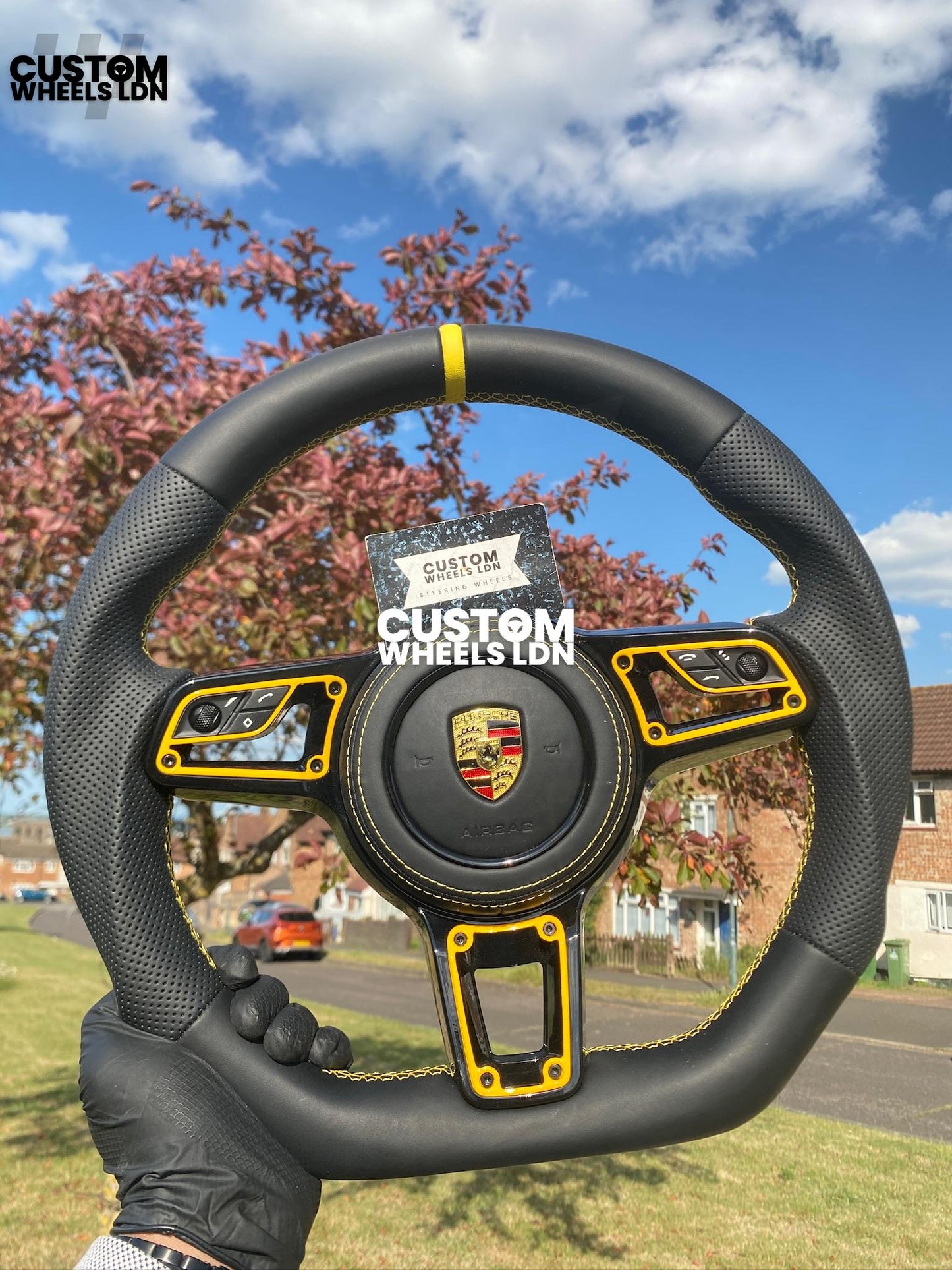 Porsche Custom Flat Bottom Steering Wheel – Black Perforated Leather, Yellow Stitching, Yellow Stripe,| Fits 997.1, 991.1, Cayman, Boxster, Macan, Cayenne + more | Plug & Play | Upgrade for Older Models Available