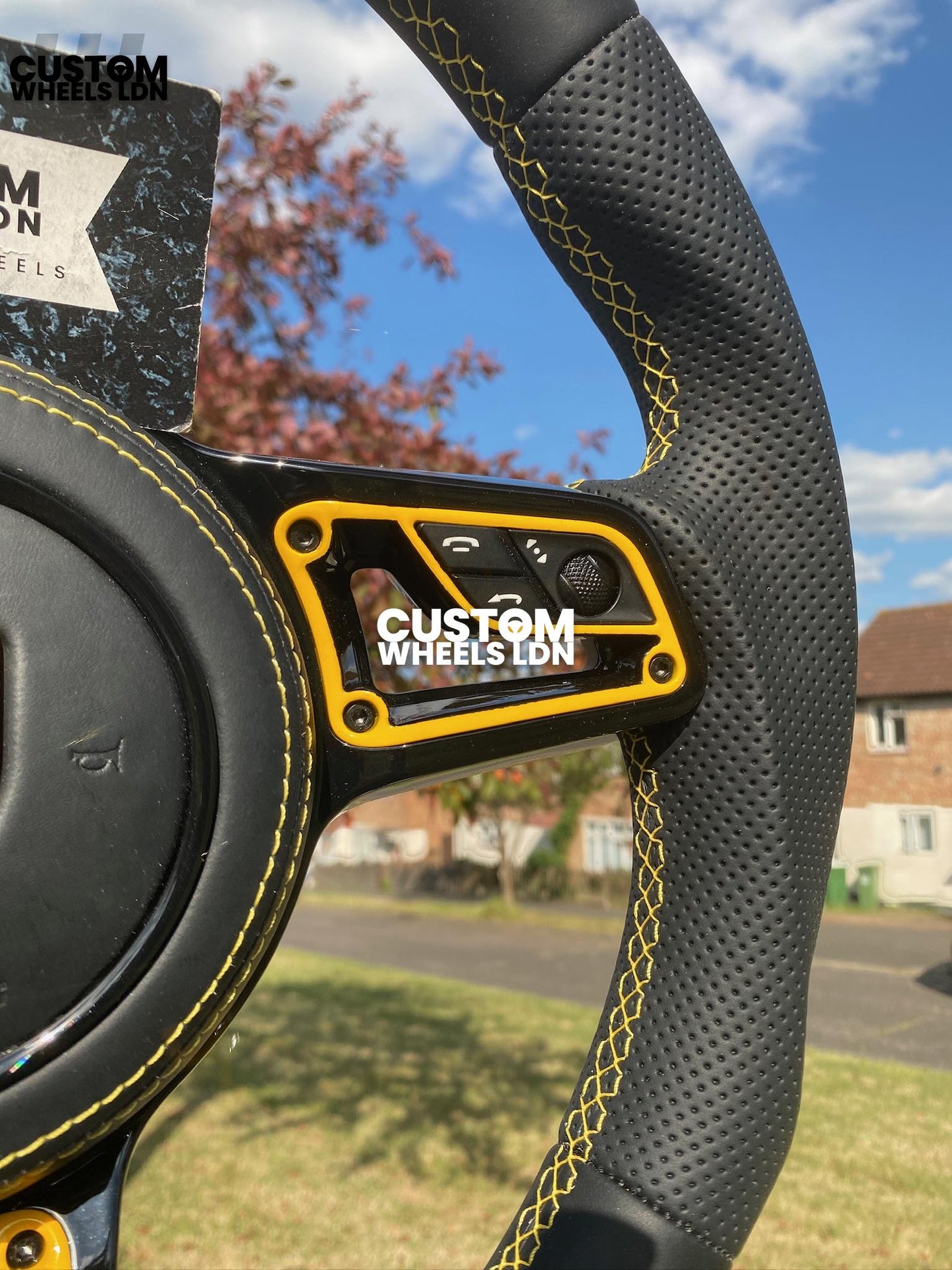 Porsche Custom Flat Bottom Steering Wheel – Black Perforated Leather, Yellow Stitching, Yellow Stripe,| Fits 997.1, 991.1, Cayman, Boxster, Macan, Cayenne + more | Plug & Play | Upgrade for Older Models Available