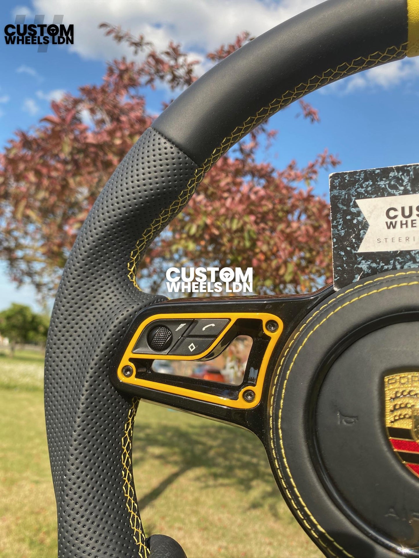 Porsche Custom Flat Bottom Steering Wheel – Black Perforated Leather, Yellow Stitching, Yellow Stripe,| Fits 997.1, 991.1, Cayman, Boxster, Macan, Cayenne + more | Plug & Play | Upgrade for Older Models Available