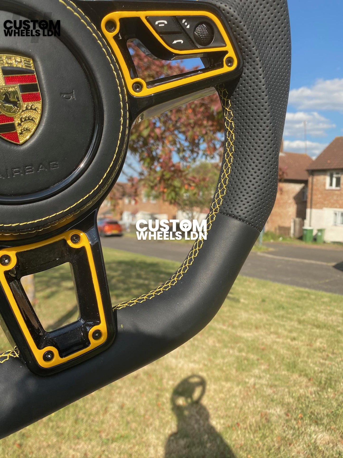 Porsche Custom Flat Bottom Steering Wheel – Black Perforated Leather, Yellow Stitching, Yellow Stripe,| Fits 997.1, 991.1, Cayman, Boxster, Macan, Cayenne + more | Plug & Play | Upgrade for Older Models Available
