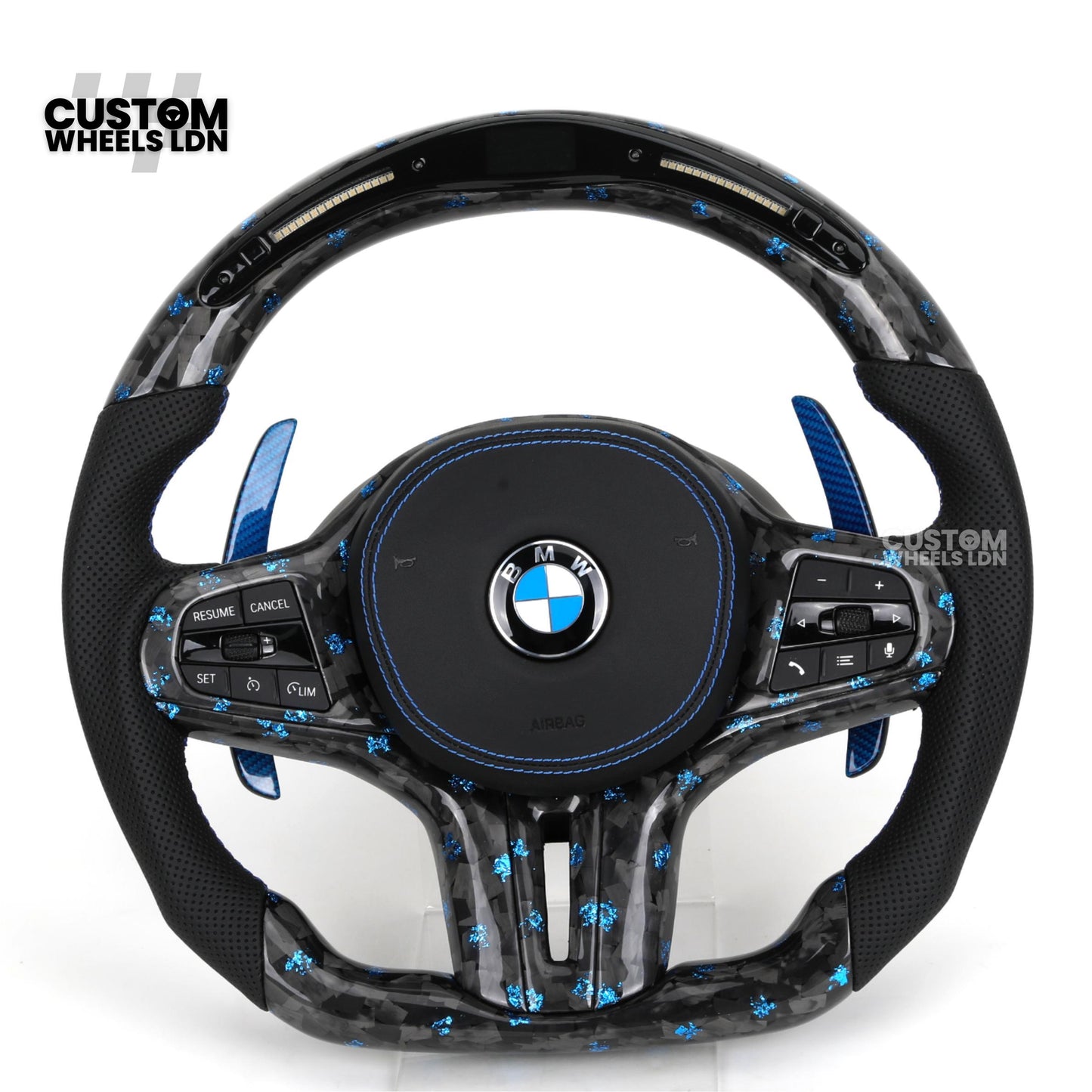 BMW Custom G-Series Steering Wheel – Blue Forged Carbon, LED Display, Flat Bottom, Blue Paddles – Fits G20 G21 G22 G30 G15 G05 G07 + more
