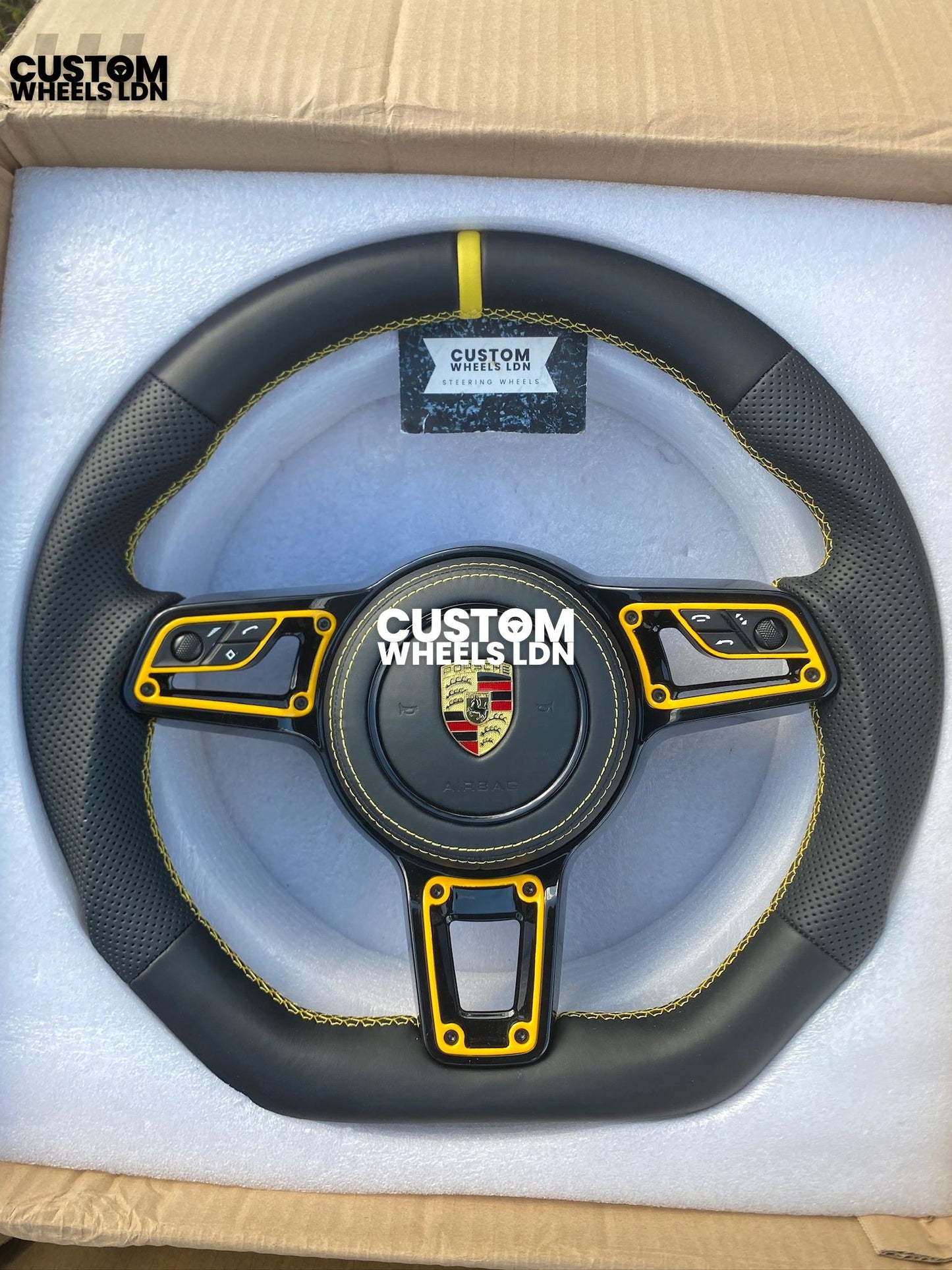 Porsche Custom Flat Bottom Steering Wheel – Black Perforated Leather, Yellow Stitching, Yellow Stripe,| Fits 997.1, 991.1, Cayman, Boxster, Macan, Cayenne + more | Plug & Play | Upgrade for Older Models Available